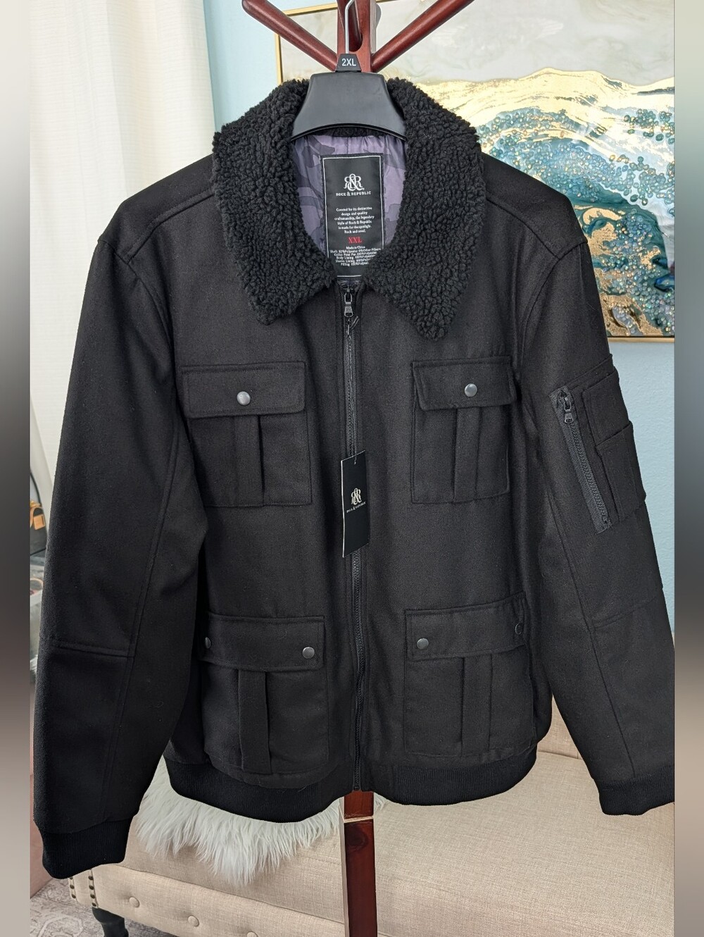 NWT Rock & Republic Black Sherpa-Collar Field Jacket Sz XXL Men